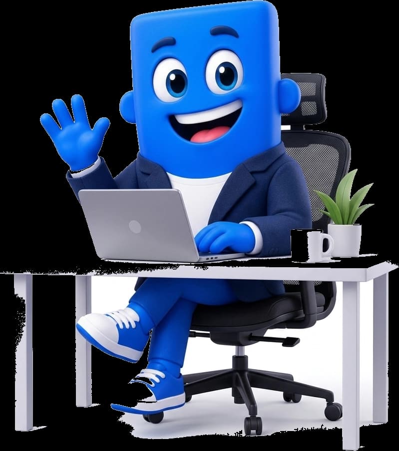 Mascote Emprego TI na cadeira ergonômica acenando à mesa com laptop