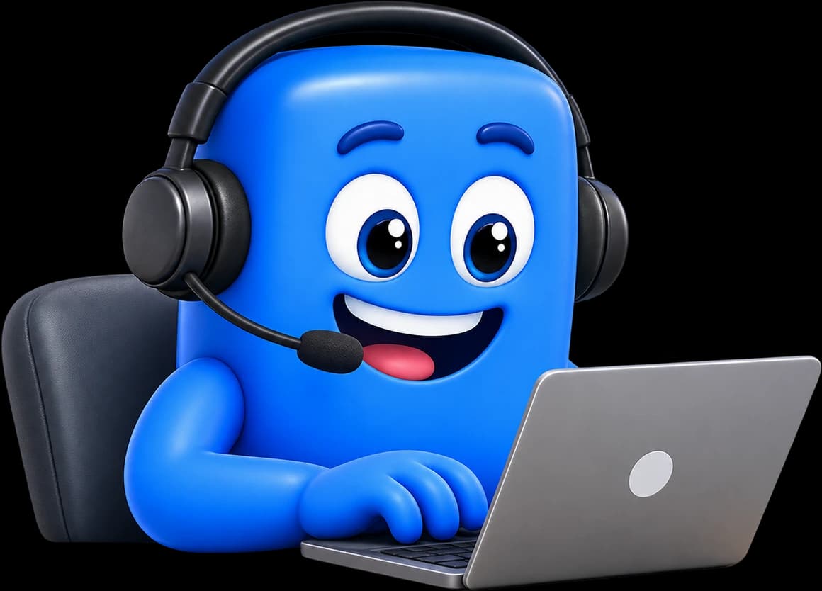 Mascote oficial da Emprego TI, de fone e notebook, apresentando o Interview Prep