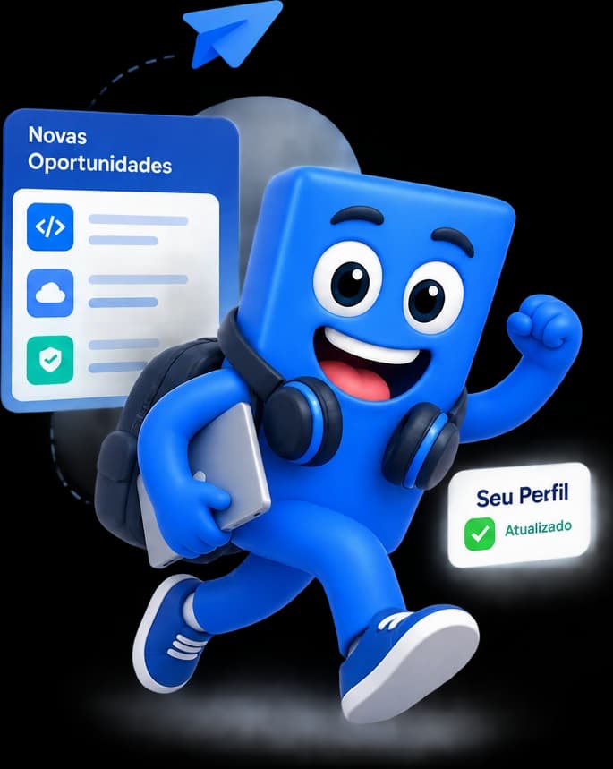 Mascote oficial da Emprego TI caminhando com mochila e tablet, ao lado de cartões de oportunidades e de Perfil Profissional atualizado