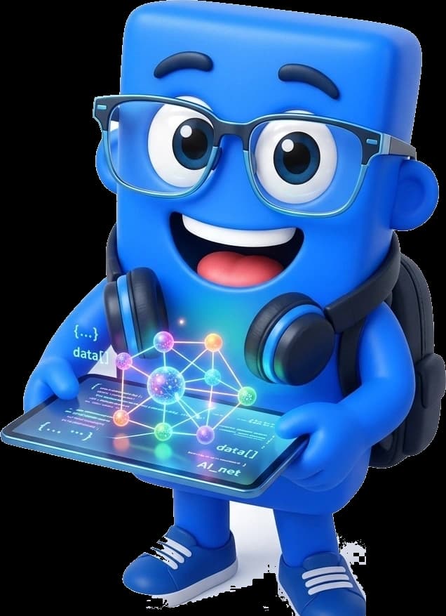 Mascote oficial Emprego TI com tablet digital de inteligência artificial e rede neural
